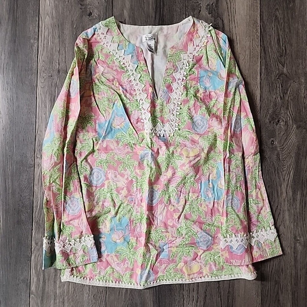 Lilly Pulitzer Women's Monkey Pool Party Lace Trim Blouse Sz XS Cotton